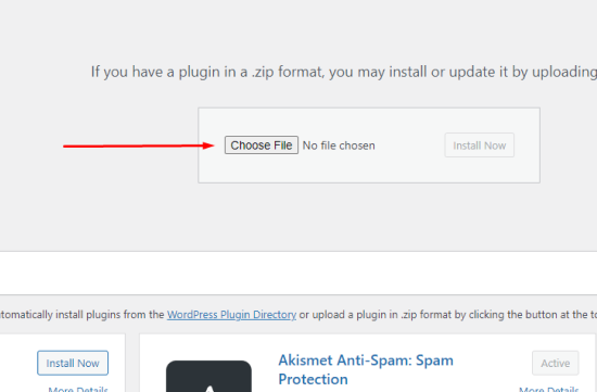 Select plugin zip file to upload and install in WordPress