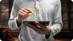 Person using a tablet to rate customer satisfaction