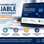 Reliable website development services infographic showing website design, SEO, security, customer experience, and business growth benefits