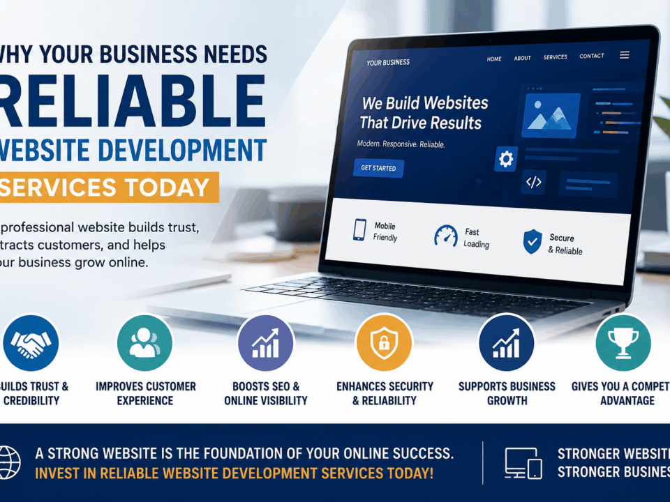 Reliable website development services infographic showing website design, SEO, security, customer experience, and business growth benefits