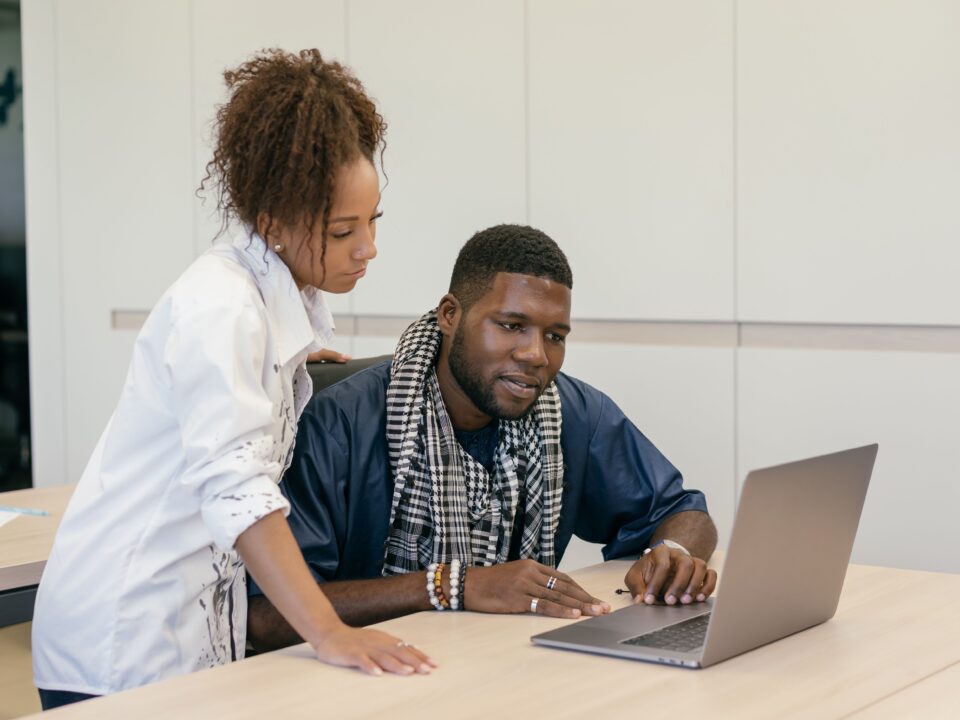 Business professionals comparing website design and custom software on a laptop
